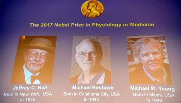 Winners of the 2017 Nobel Prize in Physiology or Medicine (L-R) US trio Jeffrey C Hall, Michael Rosbash and Michael W Young