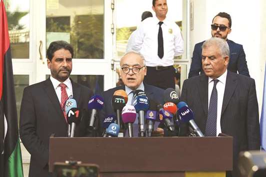 Ghassan Salame (centre), special representative to the Secretary-General of the United Nations for Libya, gives a press conference in Tunis yesterday, accompanied by Abdessalam Nasiya (left), chairman of the Libyan parliamentary dialogue committee, and Musa Faraj, chairman of the government dialogue committee.