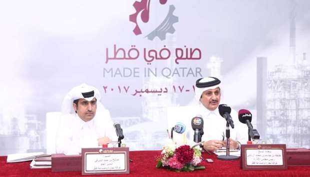 Qatar Chamber chairman Sheikh Khalifa bin Jassim al-Thani is joined by Qatar Chamber director general Saleh bin Hamad al-Sharqi during a press conference announcing the fifth installment of 'Made in Qatar' slated on December 14 to 17 at the DECC.