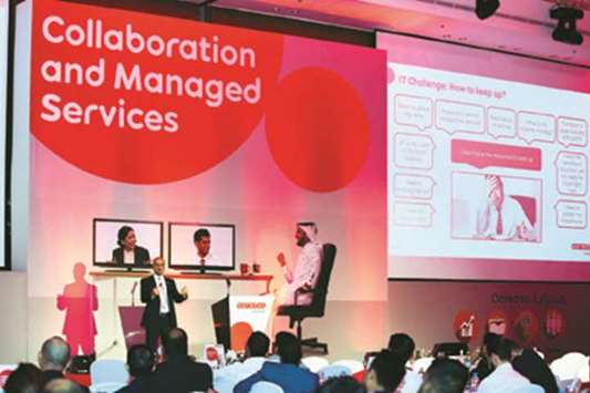 An expert delivering a presentation during the u2018Business Collaboration and Managed Servicesu2019 event.