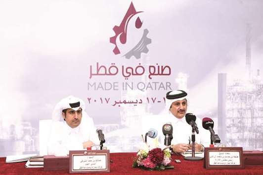 Qatar Chamber chairman Sheikh Khalifa bin Jassim al-Thani is joined by Qatar Chamber director-general Saleh bin Hamad al-Sharqi during a press conference yesterday announcing the fifth instalment of u2018Made in Qataru2019 slated on December 14 to 17 at the DECC.
