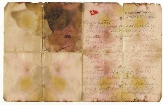 The letter written on April 13, 1912 and recovered from the body of Alexander Oskar Holverson, a Titanic victim, is displayed before the auction.