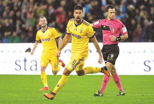 Juventusu2019 Sami Khedira celebrates scoring his teamu2019s fourth goal against Udinese yesterday.