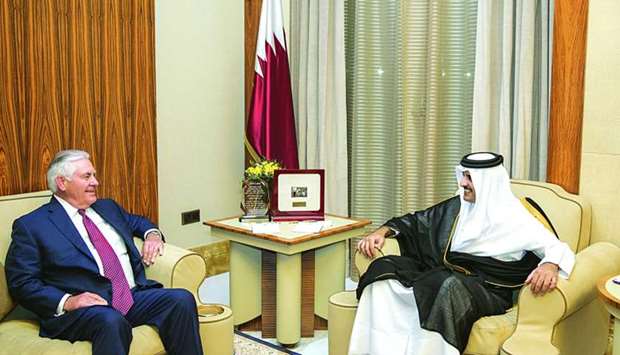 His Highness the Emir Sheikh Tamim bin Hamad al-Thani meets with US Secretary of State Rex Tillerson at Al Bahr Palace