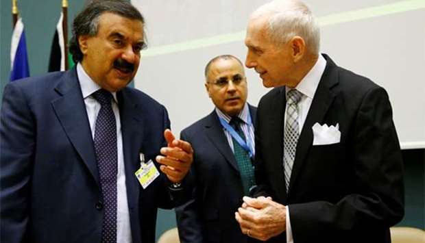 Khaled al-Jarallah (left), Deputy Foreign Minister of Kuwait, talks with William Lacy Swing, Director General of the International Organisation for Migration, at the Pledging Conference for Rohingya Refugee Crisis in Bangladesh at the United Nations in Geneva on Monday.