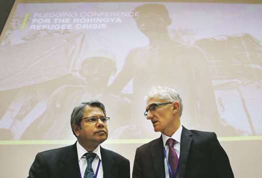 Mark Lowcock, right, Under-Secretary General for Humanitarian Affairs and Emergency Relief Co-ordinator (OCHA), talks with Shameem Ahsan, Bangladeshu2019s envoy at the UN, before the Pledging Conference for Rohingya Refugee Crisis at the UN in Geneva yesterday.