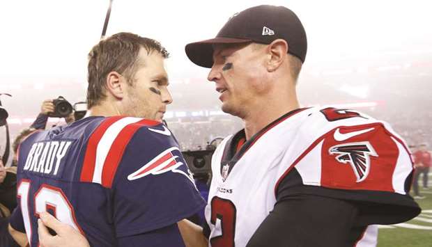 New England Patriots quarterback Tom Brady (left) greets Atlanta Falcons quarterback Matt Ryan after their NFL game at Gillette Stadium. PICTURE: USA TODAY Sports