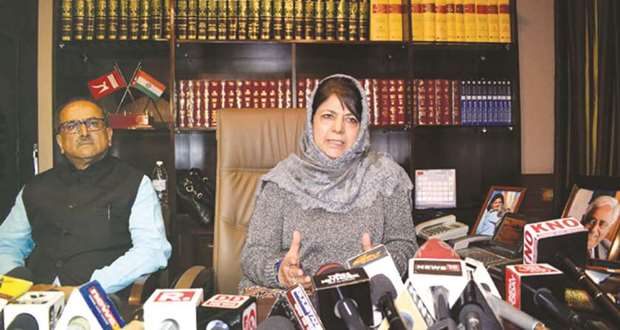 Jammu and Kashmir Chief Minister Mehbooba Mufti addresses a press conference in Srinagar where she welcomed the central governmentu2019s move to hold talks with all stakeholders in the state. Also seen is Deputy Chief Minister Nirmal Singh.