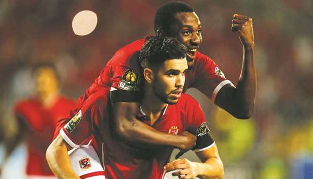 Al Ahlyu2019s Walid Azaro celebrates scoring his second goal against Etoile Sahel of Tunisia on Sunday.