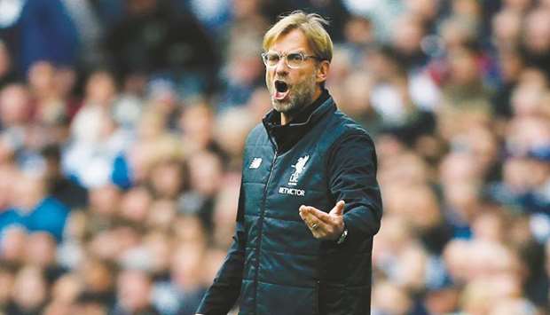 Liverpoolu2019s German manager Jurgen Klopp gestures on the touchline during the match against Tottenham Hotspur at Wembley Stadium in London on Sunday.