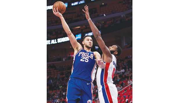 Philadelphia 76ers guard Ben Simmons (No 25) shoots over Detroit Pistons centre Andre Drummond in the second half at Little Caesars Arena. Mandatory Credit: PICTURE: USA TODAY Sports