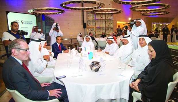 HE the Prime Minister and Interior Minister Sheikh Abdullah bin Nasser bin Khalifa al-Thani is seen with Dr Sheikha Aisha bint Faleh al-Thani, Sheikh Nawaf bin Nasser al-Thani,HE Sheikh Faisal bin Qassem al-Thani, HE the Minister of Education and Higher Education Dr Mohamed Abdel Wahed Ali al-Hammadi, Ajay Sharma, Sheikh Khalifa bin Jassem al-Thani, Sheikh Mohamed bin Ahmad al-Thani, and Prof Sir Ian Diamond at the event.