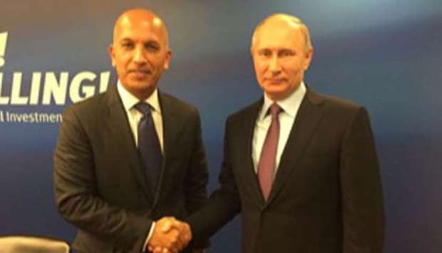 Russian President Vladimir Putin shakes hands with HE the Finance Minister Ali Sherif al-Emadi in Moscow on Tuesday.