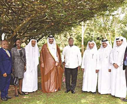 Qatar Chamber vice-chairman Mohamed bin Towar al-Kuwari and Ugandan President Yoweri Museveni with members of the Qatari business delegation that visited Uganda recently.