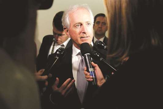 Senator Bob Corker (R-TN) speaks to reporters on Capitol Hill in Washington yesterday.