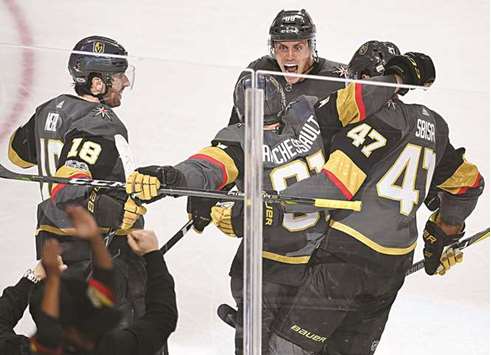 Vegas Golden Knights players celebrate a goal scored by their centre Jonathan Marchessault (No 81) during a game against the Chicago Blackhawks. PICTURE: USA TODAY Sports