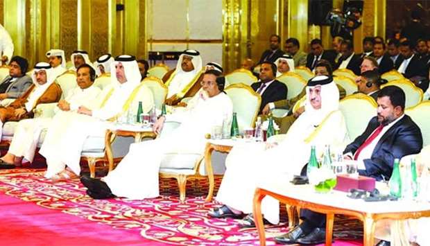 Sri Lankan President Maithripala Sirisena and HE the Minister of Economy and Commerce Sheikh Ahmed bin Jassim bin Mohamed al-Thani listen to a presentation delivered during the u2018Qatari-Sri Lankan Business Forumu2019 in Doha. Joining them are Sri Lanka's Minister of Industry and Commerce Rishad Bathiudeen, Minister of State for Foreign Affairs Vasantha Senanayake, and Qatar Chamber chairman Sheikh Khalifa bin Jassim al-Thani, as well as other dignitaries. PICTURE: Ram Chand