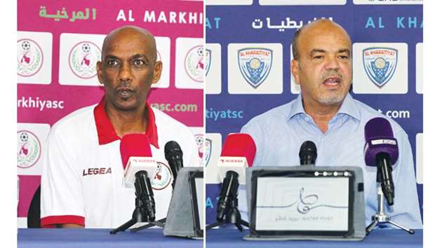 Markhiya coach Youssef Adam and Kharaitiyat coach Ahmad al-Ajlani (right)