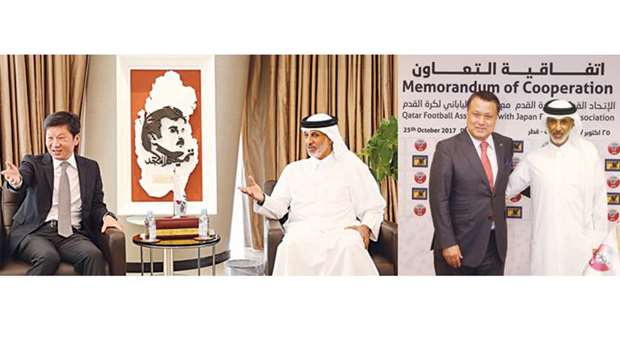QFA president Sheikh Hamad bin Khalifa bin Ahmed al-Thani with KFA president Chung Monggyu at Al Bidda Tower in Doha yesterday. Right: QFA president Sheikh Hamad bin Khalifa bin Ahmed al-Thani with JFA president Kohzo Tashima at Al Bidda Tower in Doha yesterday.