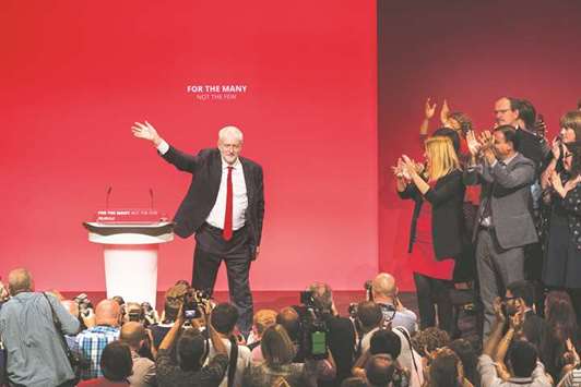 Jeremy Corbyn, leader of the UK opposition Labour Party, acknowledges supporters after delivering his keynote speech on the closing day of the annual Labour Party conference in Brighton on September 27. A Labour party official said approaches from business leaders or their lobbyists had soared since Juneu2019s election, in which Corbyn unexpectedly delivered his partyu2019s best showing since Tony Blairu2019s in 2001.