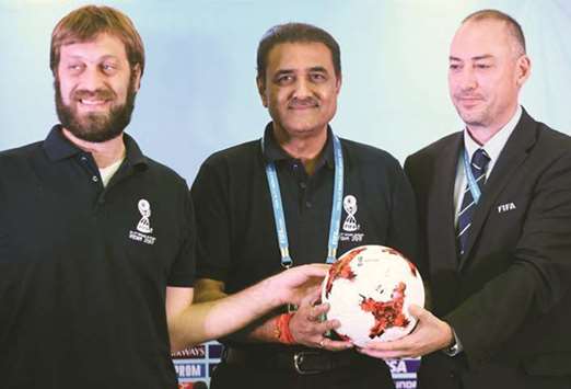 All India Football Federation president Praful Patel (centre), Head of FIFA Tournaments Jaime Yarza (right) and Tournament Director Javier Ceppi at a press conference ahead of the U-17 World Cup final in Kolkata yesterday. (AFP)
