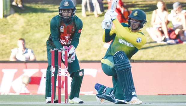 South Africau2019s Quinton de Kock plays a shot during the T20 match against Bangladesh at The Mangaung Oval in Bloemfontein yesterday. (AFP)