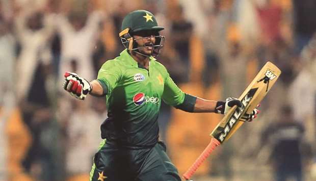 Pakistanu2019s Hassan Ali celebrates after the win over Sri Lanka in the second T20 match in Abu Dhabi yesterday. (AFP)