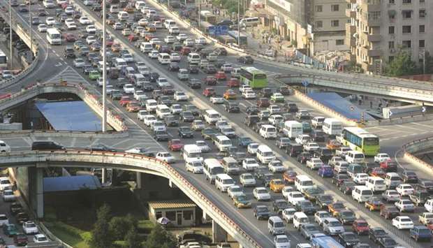 A traffic jam is seen during the rush hour in Beijing.