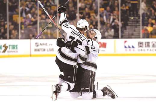 Los Angeles Kings centre Tyler Toffoli celebrates his game winning goal with defenseman Drew Doughty. PICTURE: USA TODAY Sports
