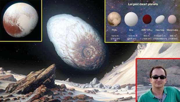 (TOP LEFT) BEAN THERE, SEEN THAT: Haumeau2019s bean shape is due to its fast rotation. (CENTRE, MAIN PHOTO) BREATHTAKING: An artist interpretation of Haumea as seen from one of its moons. u201cUnfortunately, even with the largest telescopes on Earth, and even with the Hubble Space Telescope, we cannot see anything more of Haumea than a dot of lightu201d  u2014 Jose Ortiz of the Institute of Astrophysics of Andalusia in Spain (insert photo below right)