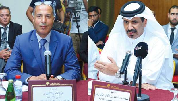 Qatar Chamber vice-chairman Mohamed bin Towar al-Kuwari and Tunisiau2019s Agricultural Investment Promotion Agency general administrator Abdelmoumen Toukabri speaking at the meeting, held at the Qatar Chamber headquarters in Doha yesterday. PICTURES: Ram Chand