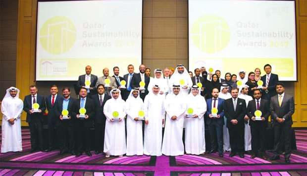 Winners of Qatar Sustainability Awards 2017 with QGBC officials