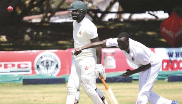 West Indiesu2019 Kemar Roach bowls during the second Test against Zimbabwe at the Queenu2019s Sports Club in Bulawayo yesterday. (WICB)