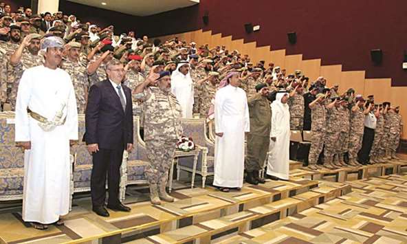 HE the Minister of State for Defence Affairs Dr Khalid bin Mohamed al-Attiyah, and HE the Chief of Staff of the Qatari Armed Forces Major General (Pilot) Ghanem bin Shaheen al-Ghanem attending the Joaan bin Jassim Joint Command and Staff College graduation ceremony.