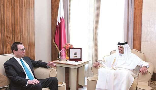 His Highness the Emir Sheikh Tamim bin Hamad al-Thani meeting with US Secretary of the Treasury Steven Mnuchin yesterday at Al Bahr Palace.
