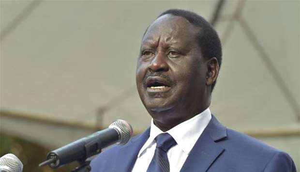 Kenyan opposition leader Raila Odinga addresses the media at the Wiper Democratic Movement headquarters in Nairobi on Tuesday.