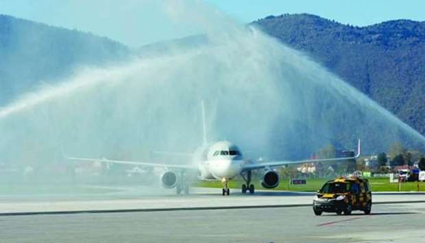 The first Qatar Airways non-stop flight from Doha being greeted with a traditional water cannon salute at Sarajevo International Airport.