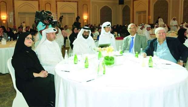 HE the Minister of Administrative Development, Labour and Social Affairs Issa Saad al-Jafali al-Nuaimi and HE the Minister of Development Planning and Statistics Dr Saleh Mohamed Salem al-Nabit attending an event to mark Qatar Population Day.