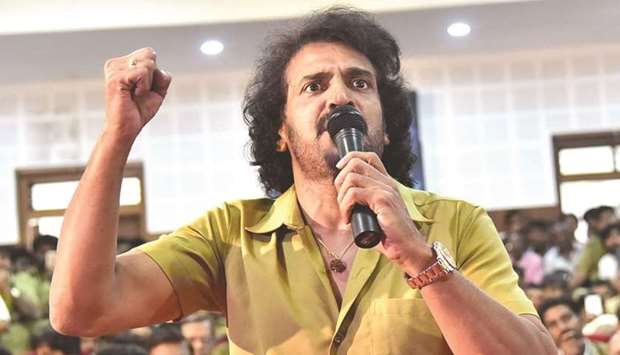 Kannada actor Upendra gestures as he speaks at press conference in Bengaluru yesterday.