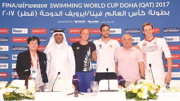 (From left) FINA technical delegate Daphne Bird, Qatar Swimming Association president Khaleel al-Jabir, Swedish swimmer Sarah Sjostrom, South African swimmer Chad Le Clos, FINA executive director Cornel Marculescu and Russian swimmer Kirill Prigoda pose at the press conference ahead of the FINA/airweave Swimming World Cup in Doha yesterday. PICTURE: Noushad Thekkayil