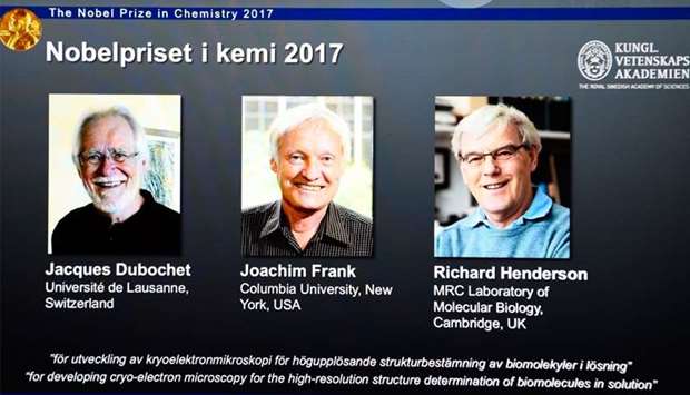 Winners of the 2017 Nobel Prize in Chemistry (L-R) Jacques Dubochet from Switzerland, Joachim Frank from the US and Richard Henderson from Britain. Scientists Jacques Dubochet from Switzerland