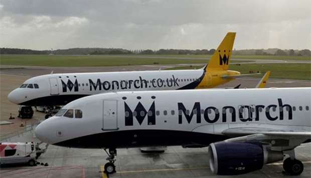 Monarch aircraft are seen parked after the airline ceased trading, at Luton airport in Britain, on Monday.