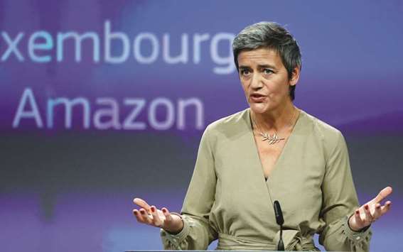 European competition commissioner Margrethe Vestager at a news conference in Brussels yesterday. Vestager accused Luxembourg of an illegal deal with Amazon to pay less tax than other businesses.