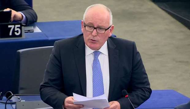 European Commission First Vice-President Frans Timmermans speaks as members of the European Parliament debate the ongoing situation in Catalonia, three days after the banned referendum on a split from Spain, in Strasbourg, France, yesterday.
