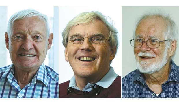 A combination photo of Joachim Frank, Richard Henderson and Jacques Dubochet in New York, Cambridge, and Lausanne respectively.