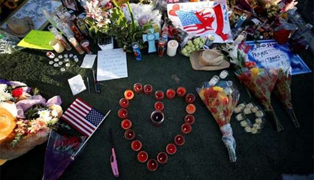 A makeshift memorial is pictured in the middle of Las Vegas Boulevard following the mass shooting in Las Vegas, on Thursday.