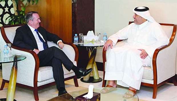 HE the Minister of Economy and Commerce Sheikh Ahmed bin Jassim bin Mohamed al-Thani meets British Secretary of State for International Trade Liam Fox.