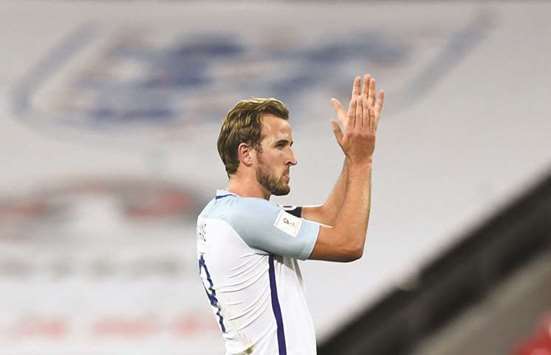 Englandu2019s Harry Kane applauds fans after the match against Slovenia yesterday.