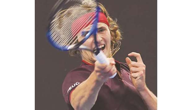 Alexander Zverev of Germany hits a return during his quarter-final against Andrey Rublev of Russia at the China Open in Beijing yesterday. (AFP)