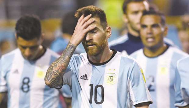 Argentinau2019s captain Lionel Messi is dejected after the goalless draw against Peru in the World Cup qualifier in Buenos Aires on Thursday. (AFP)